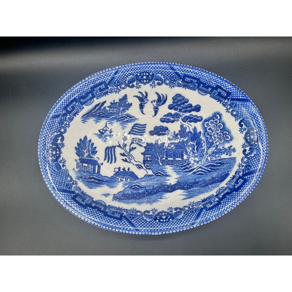 House‎ of Blue Willow Japan Blue White Oval Serving Bowl Chinoiserie 10" x 7.5"